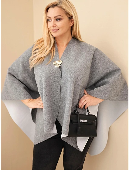 Dámské pončo Plus Size s broží šedá
