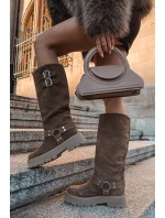Kožené semišové dámské kozačky s přezkami zateplené Big Star model 21758942 béžové - Big Star Shoes
