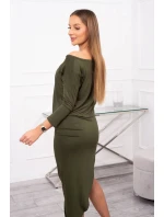 Asymetrické šaty s 3/4 rukávmi v khaki farbe