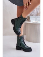 Zazoo 60486 Skórzane Botki Workery Ocieplane Ciemnozielone