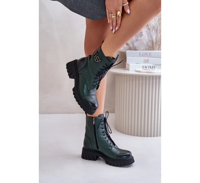 Zazoo 60486 Skórzane Botki Workery Ocieplane Ciemnozielone