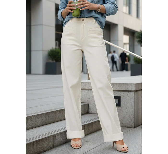 Dámske džínsy s vysokým pásom a širokými nohavicami krémové FashionStreet UY2938