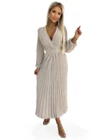 Béžové dámské midi šaty s výstřihem, dlouhými rukávy a širokým opaskem model 19012562 - numoco basic