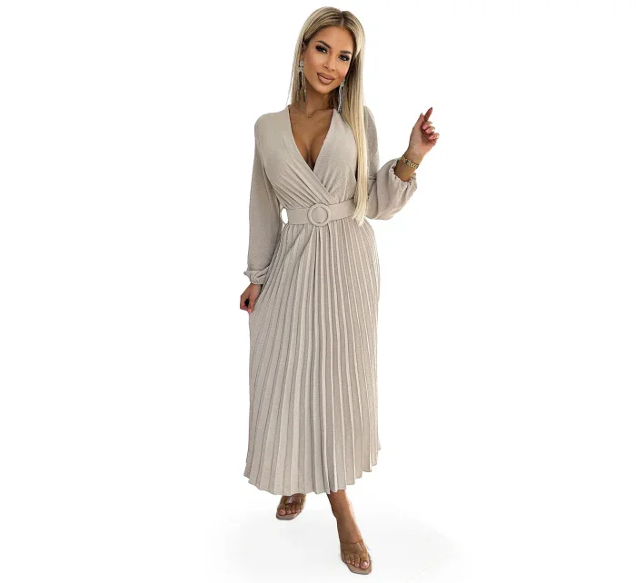 Béžové dámské midi šaty s výstřihem, dlouhými rukávy a širokým opaskem model 19012562 - numoco basic