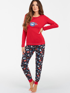 Makala dámske pyžamo s dlhým rukávom a dlhými nohavicami - červené/potlač