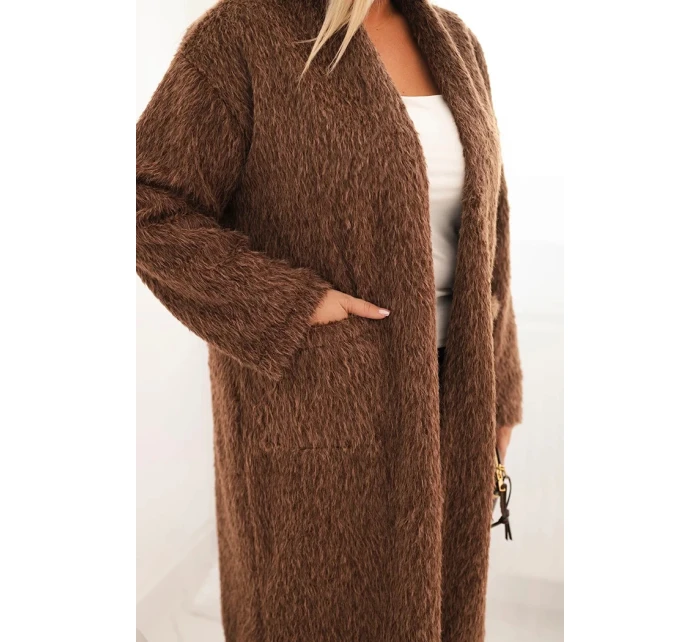 Dámsky kabát Plus Size z viskózy bez zapínania s vreckami hnedý