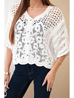 Dámsky bavlnený ažurový sveter s krátkymi rukávmi biely