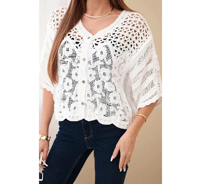 Dámsky bavlnený ažurový sveter s krátkymi rukávmi biely