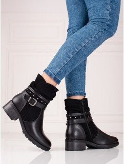 Luxusní  kotníčkové boty černé dámské na plochém podpatku