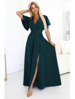 dlouhé šaty s rozparkem na rukávy a výstřihem lahvově zelené model 21291970 - numoco