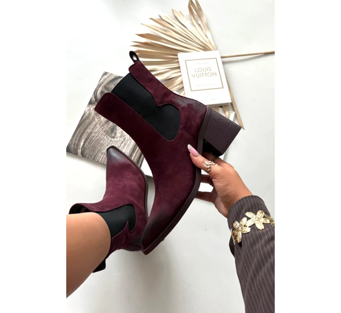 Kožené semišové dámské boty na podpatku vyhřívané model 21712879 bordó - Artiker