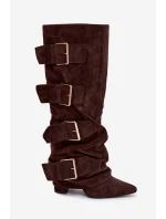 Dámské kozačky na podpatku s ohnutým horním lemem a zlatými sponami Eco semiš čokoládové Isavelle