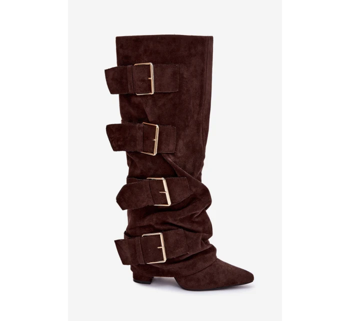 Dámské kozačky na podpatku s ohnutým horním lemem a zlatými sponami Eco semiš čokoládové Isavelle