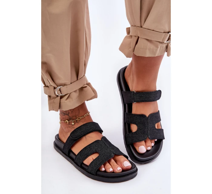 Materiałowe Damskie Klapki Na Rzep Czarne Jose