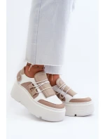 Zazoo 1833 Sneakersy Damskie Skórzane Na Masywnej Podeszwie Beżowo-Białe