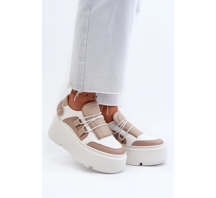 Zazoo 1833 Sneakersy Damskie Skórzane Na Masywnej Podeszwie Beżowo-Białe