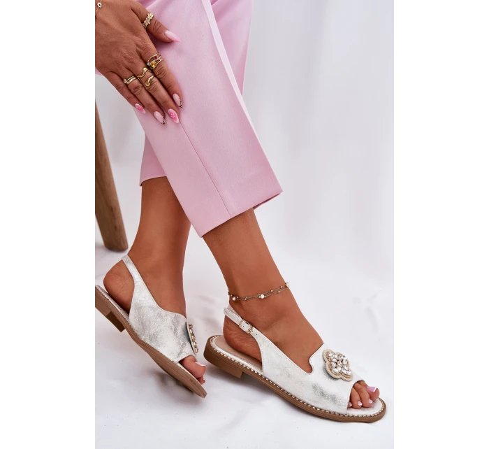 Sandały Damskie Na Płaskim Obcasie Z Ozdobnym Detalem S.Barski KV51-080 Srebrne