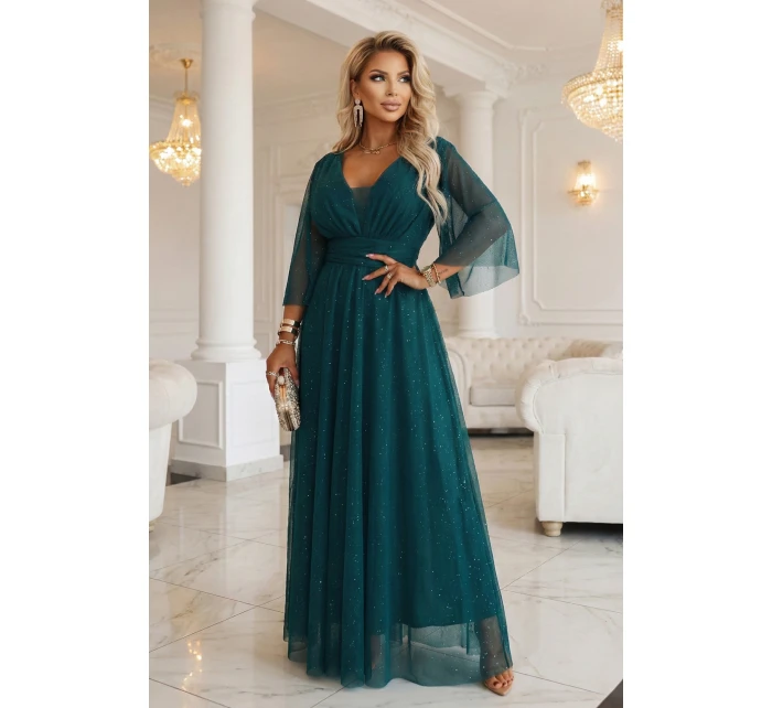 654-1 Dlhé lesklé plus size šaty s výstrihom a priehľadnými rukávmi - fľaškovo zelené 654-1 Dlhé lesklé plus size šaty s výstrihom a priehľadnými rukávmi - fľaškovo zelené