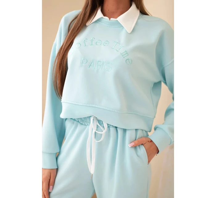 Dámska súprava mikiny s maslovým golierom a rovných nohavíc mätová