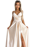 JULIET - Elegantné dlhé béžové dámske saténové šaty s výstrihom a rozparkom na nohách 512-3