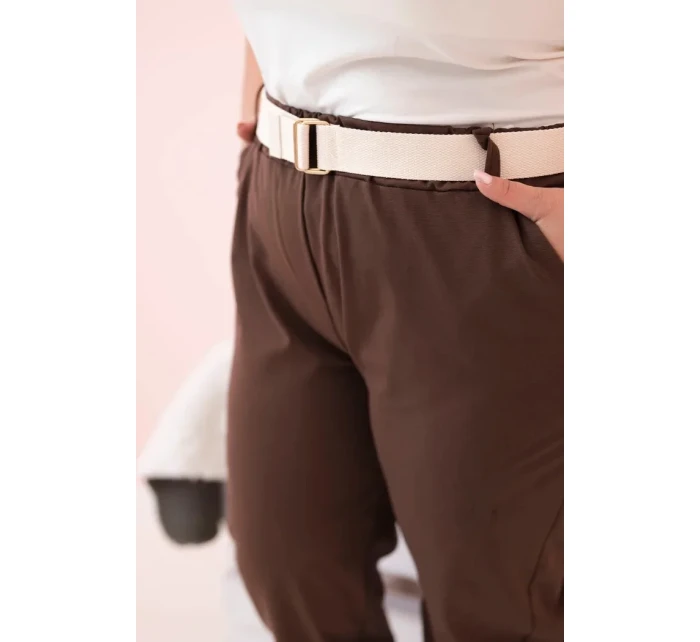 Dámske Plus veľkosť bavlnené nohavice s opaskom Brown Dámske Plus veľkosť bavlnené nohavice s opaskom Brown