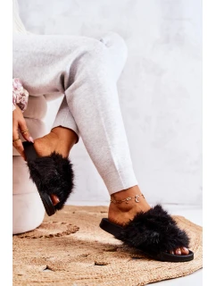 Klapki Z Futerkiem Gumowe Czarne Pollie