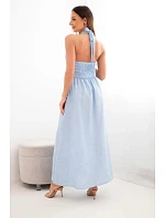 Dámske viskózové maxi šaty viazané za krkom s ozdobnou sponou modré