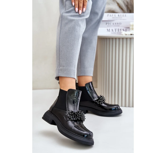 Kožené Lakované Botky S Dekorací Nazouvací Zateplené Černé model 21675534 - EVENTO