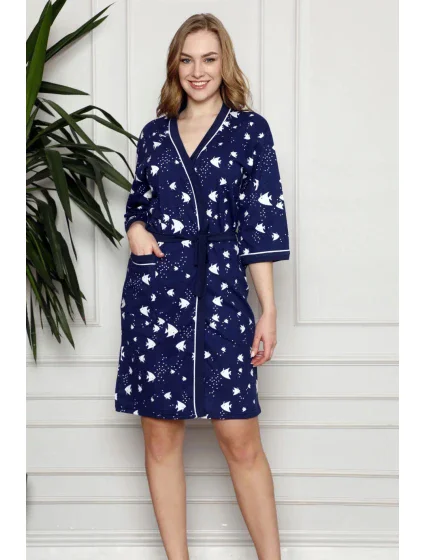 Dámsky župan Y19252 tm. modrý s rybičkami - La Penna