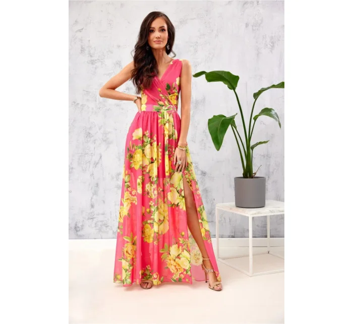 Dámske šaty SUK0361 pink-yellow - Roco Fashion