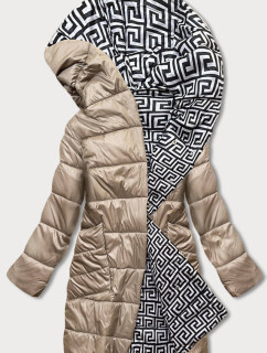 Béžovo-bílá přeložená obálková dámská bunda s kapucí (R8040)