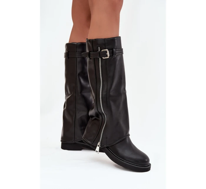 Dámské kozačky s límcem sponou a stříbrným zipem vyhřívané černé model 21711800 - Boto