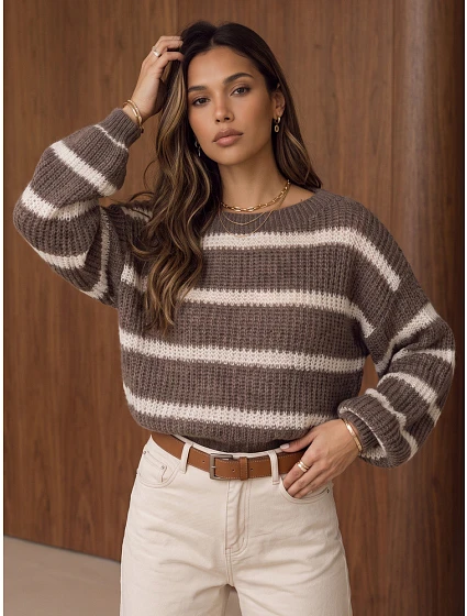 Dámský oversized pruhovaný svetr s nastavitelným pasem Fango FashionStreet MY2612 Dámský oversized pruhovaný svetr s nastavitelným pasem Fango FashionStreet MY2612