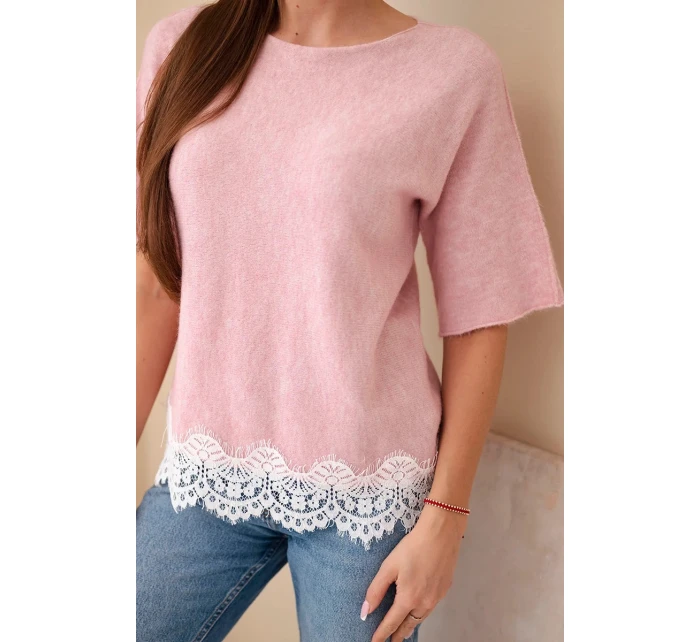 Dámský svetr s krátkým rukávem a krajkou tmavě pudrově růžový