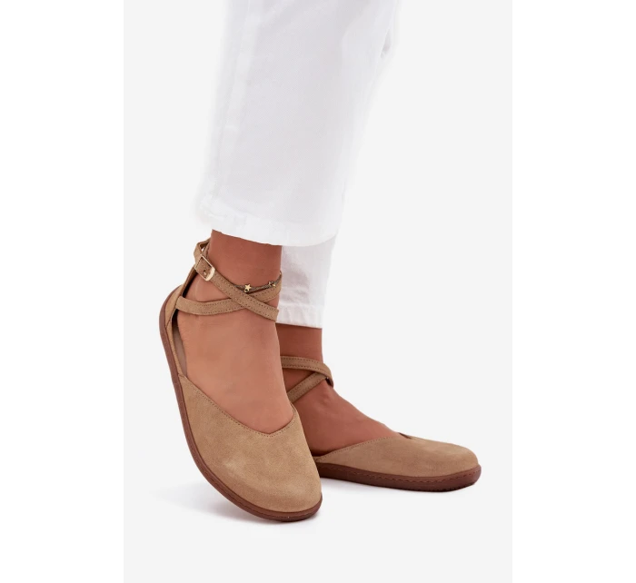 Zamszowe Baleriny Damskie Barefoot Z Paskami Zazoo 191 Beżowe