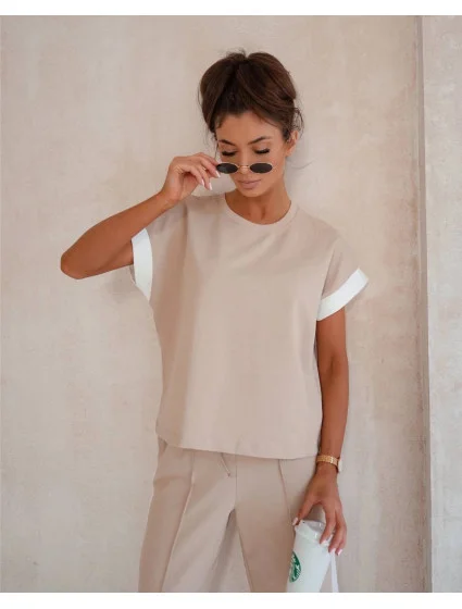 Dámska béžová športová súprava s kontrastnými vložkami (VE99)