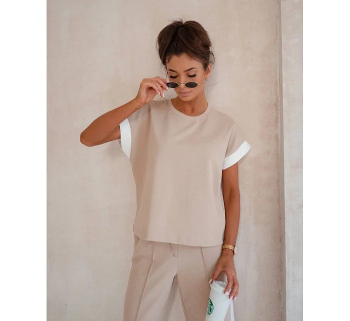 Dámska béžová športová súprava s kontrastnými vložkami (VE99)