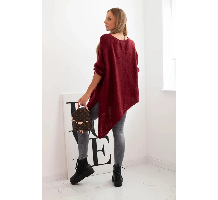Dámský asymetrický svetr z vlny Plus Size s výstřihem do V bordový