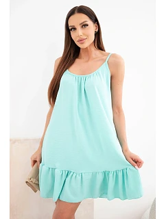 Dámske viskózové šaty bez ramienok s volánom a kravatou mätovej farby