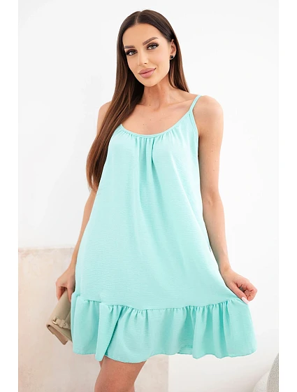 Dámske viskózové šaty bez ramienok s volánom a kravatou mätovej farby