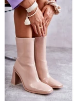 Damskie Lakierowane Botki Kozaki Beżowe Margit