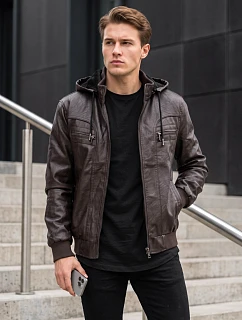 Pánská kožená zateplená bunda s kapucí, hnědá, FashionStreet TX5137