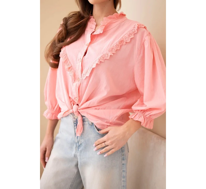 Dámská bavlněná košile s krajkou a vázáním meruňková