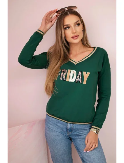 Dámska mikina s kapucňou s flitrovým nápisom zelená