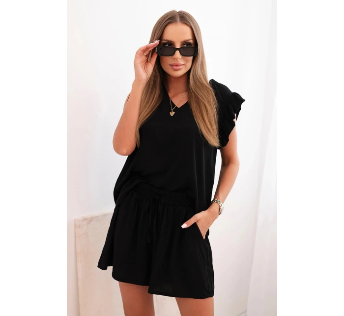 Dámský komplet z model 21214031 blůza s volánky a krátké šortky černý - K-Fashion