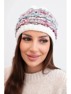 Dámska zimná čiapka s farebným vláknom a elastickou šnúrkou K352 biela+modrá+tmavoružová