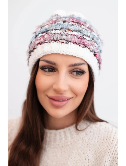 Dámska zimná čiapka s farebným vláknom a elastickou šnúrkou K352 biela+modrá+tmavoružová
