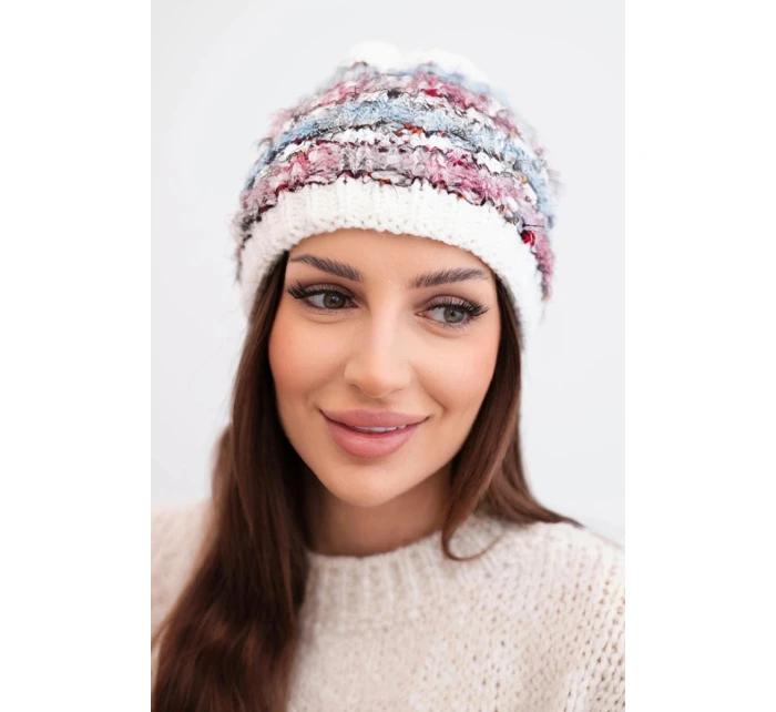 Dámska zimná čiapka s farebným vláknom a elastickou šnúrkou K352 biela+modrá+tmavoružová