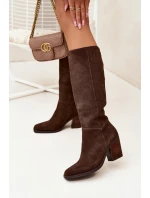 Semišové Kozačky Na Podpatku Zip Čokoládové model 21705071 - Boto