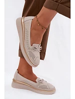 Kožené perforované polobotky na platformě LR61-7043 Béžové